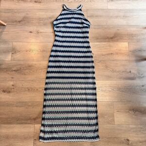 Allison brittney Striped Crochet Lace Maxi Dress Sleeveless Halter Neck Medium M